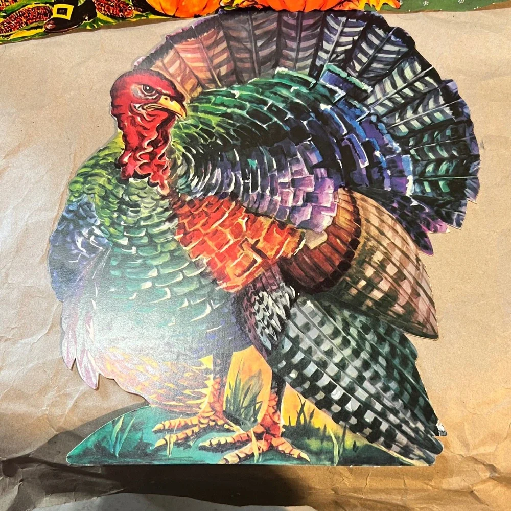 Vintage Thanksgiving Paper Cutouts 3pc Set Pilgrim Boy Girl Turkey Multi-Color